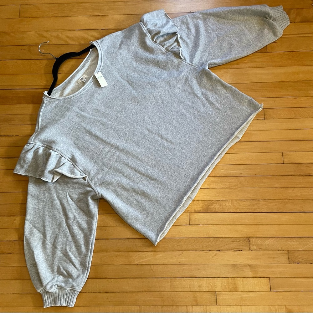 AERIE NWT 2025 Ruffle Sleeve Sweatshirt Raw Edge Neck and Hem Boxy Fit - Picture 2 of 12